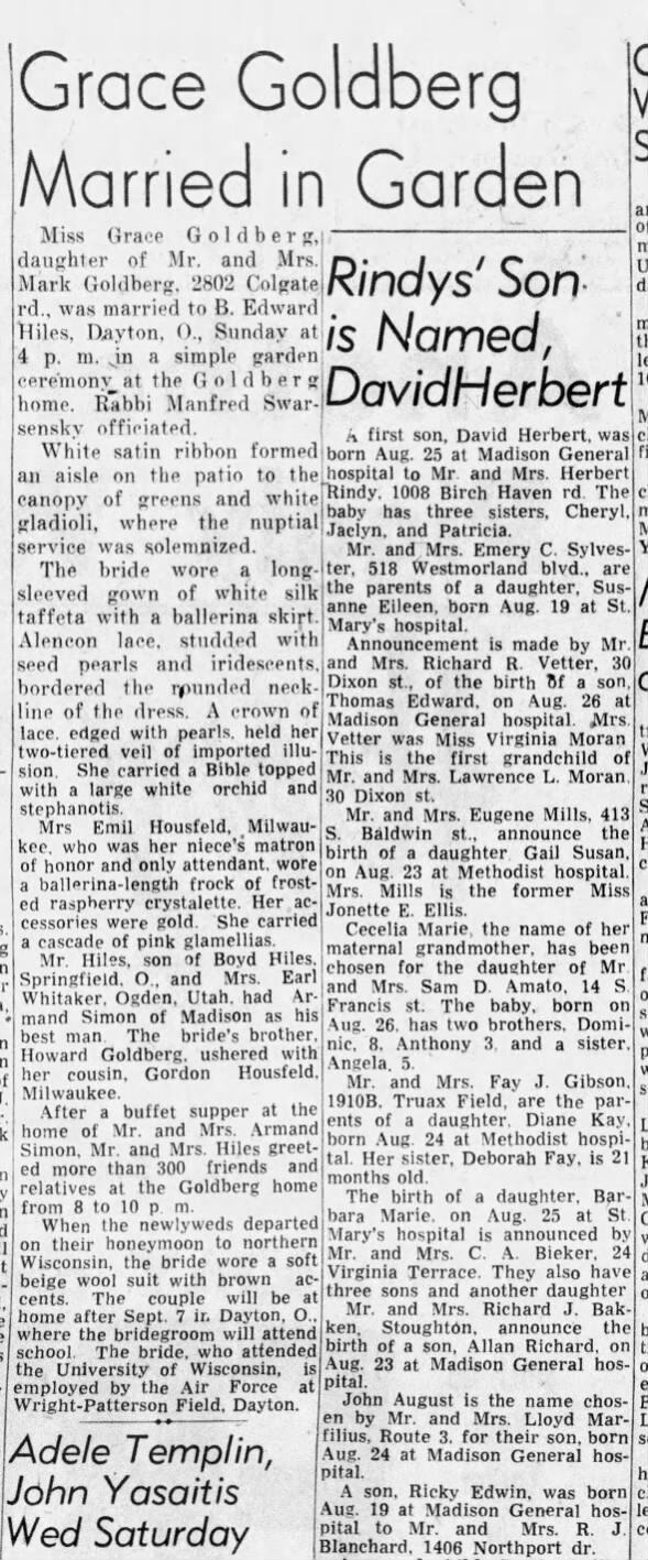 Wedding Grace Goldberg and B. Edward Hiles 1954 Madison